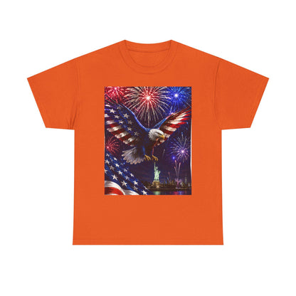 Orange crewneck T-shirt with eagle graphic, fireworks, and American flag design