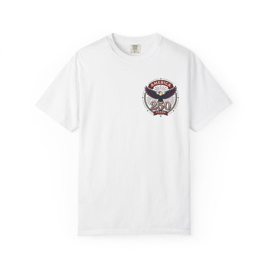 White crew-neck T-shirt with American eagle “250 Years” graphic on left chest