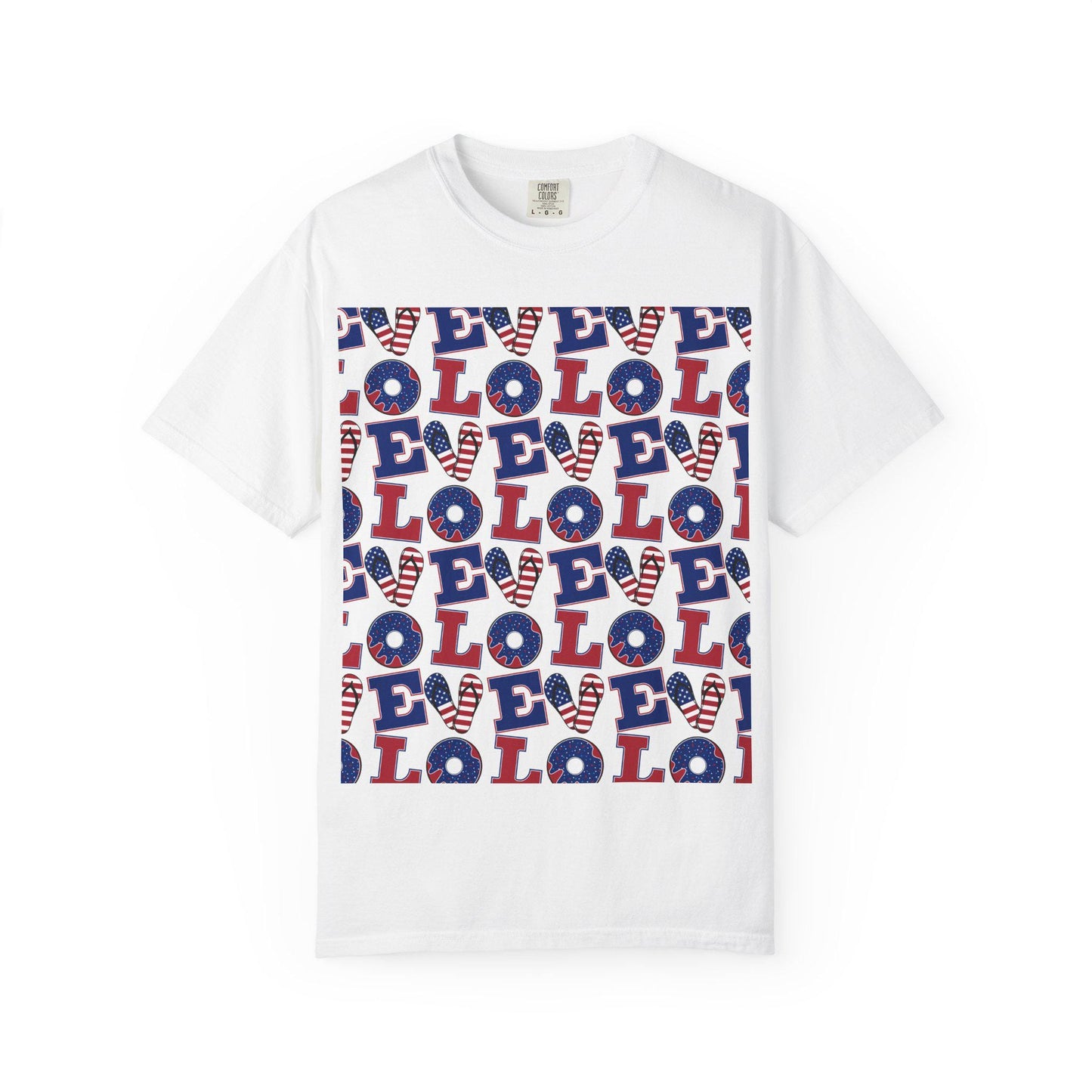 White crew-neck T-shirt with repeating American eagle crest pattern in blue and red