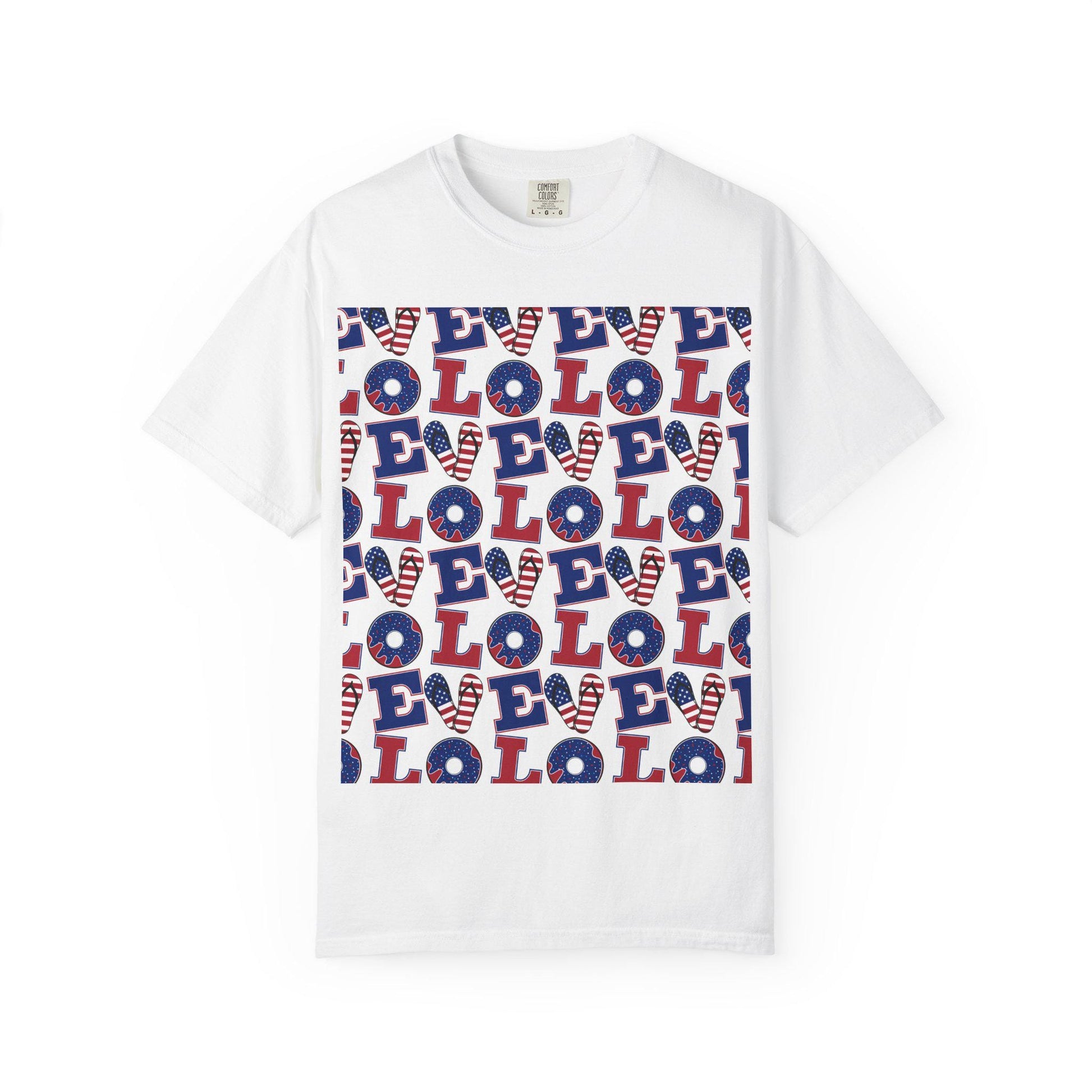 White crew-neck T-shirt with repeating American eagle crest pattern in blue and red