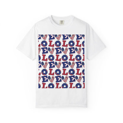 White crew-neck T-shirt with repeating American eagle crest pattern in blue and red