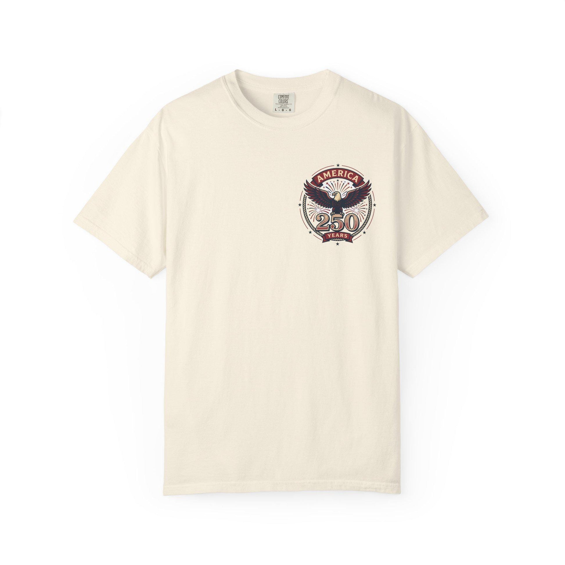 Light beige crew-neck T-shirt with American eagle “250 Years” graphic on left chest