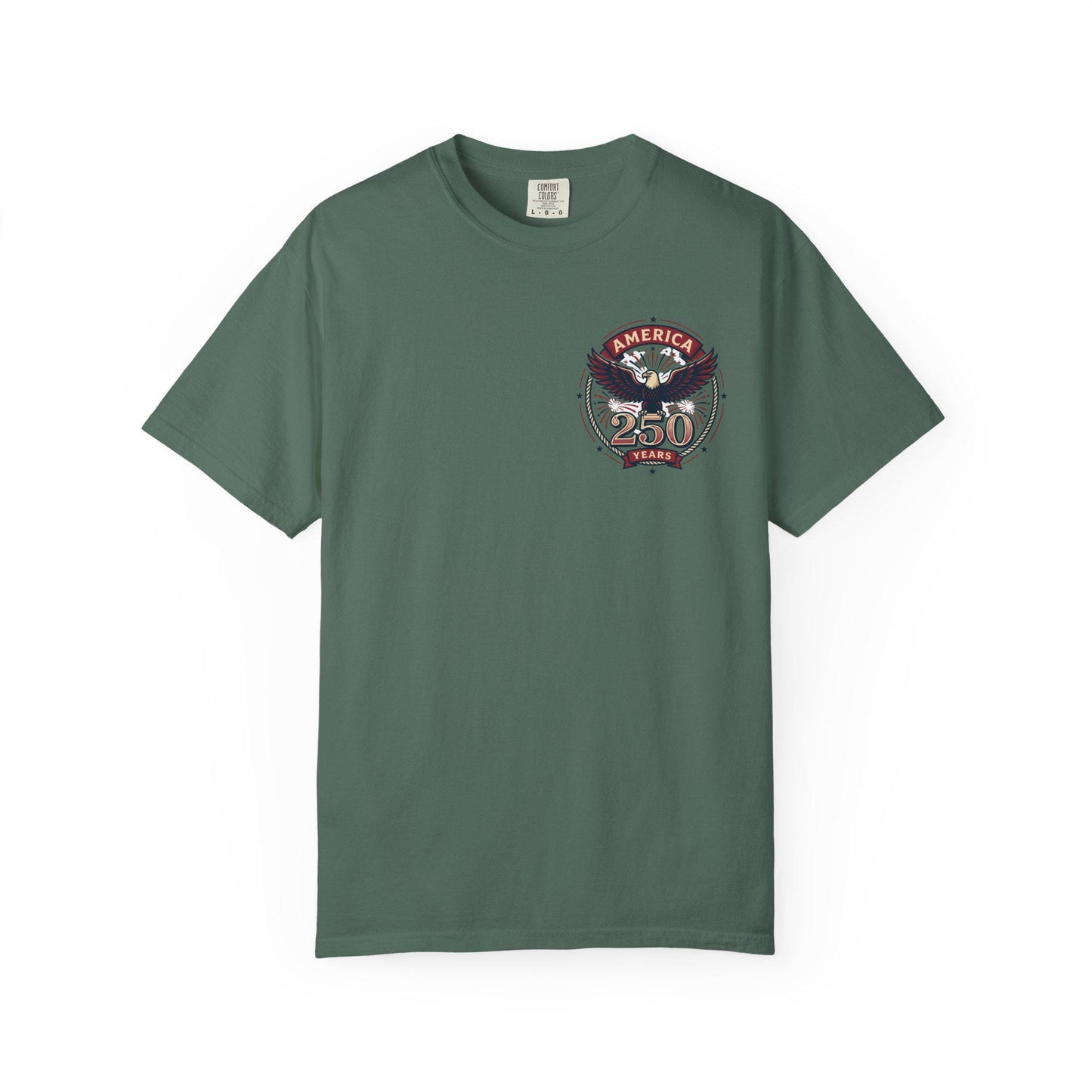 Forest green crew-neck T-shirt with American eagle “250 Years” graphic on left chest