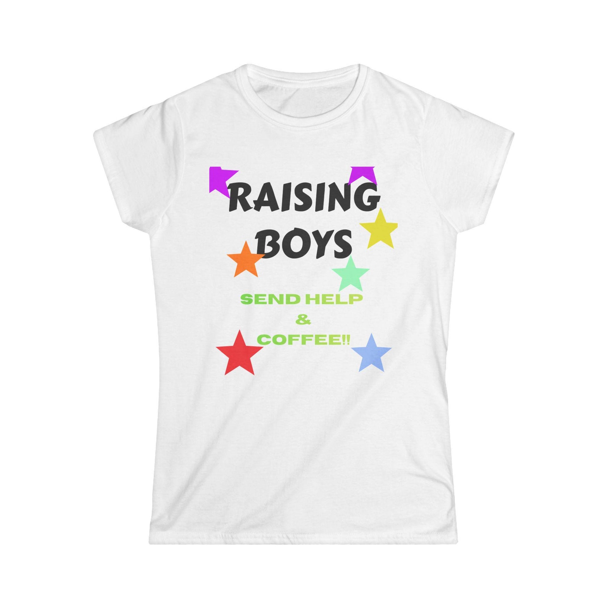 White T-shirt with 'Raising Boys' and 'Send Help & Coffee' graphic
