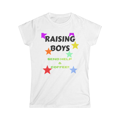White T-shirt with 'Raising Boys' and 'Send Help & Coffee' graphic