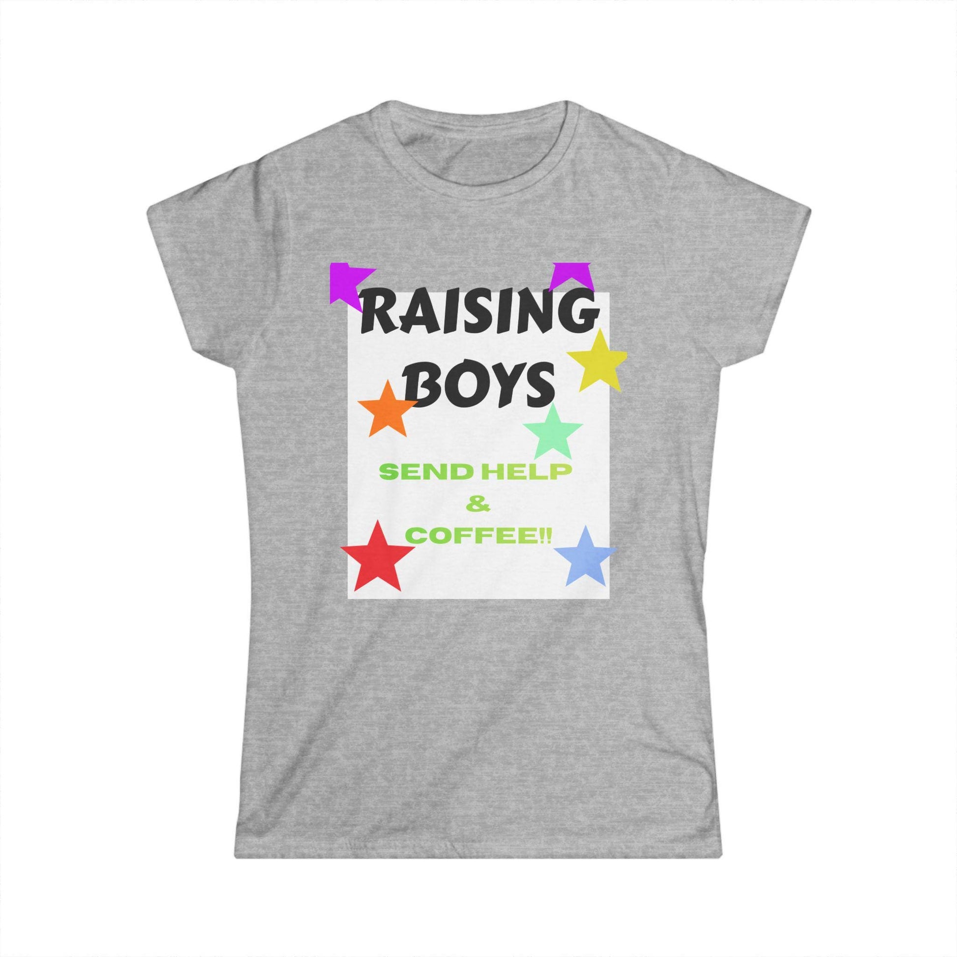 Heather gray T-shirt with 'Raising Boys' and 'Send Help & Coffee' graphic