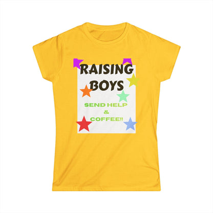 Yellow T-shirt with 'Raising Boys' and 'Send Help & Coffee' graphic