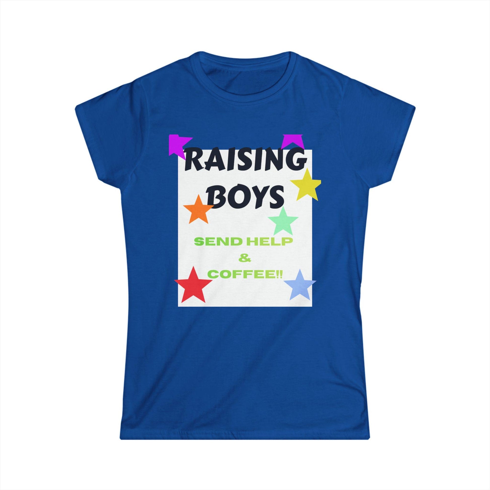 Blue T-shirt with 'Raising Boys' and 'Send Help & Coffee' graphic