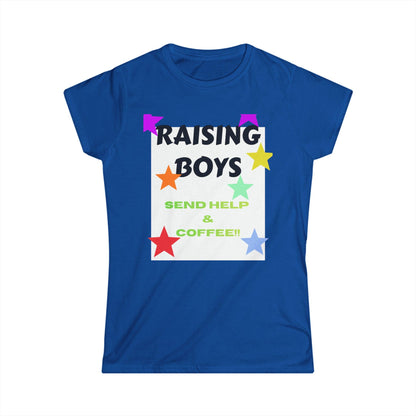 Blue T-shirt with 'Raising Boys' and 'Send Help & Coffee' graphic
