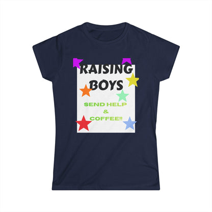 Navy crew-neck T-shirt with 'RAISING BOYS' coffee-themed graphic