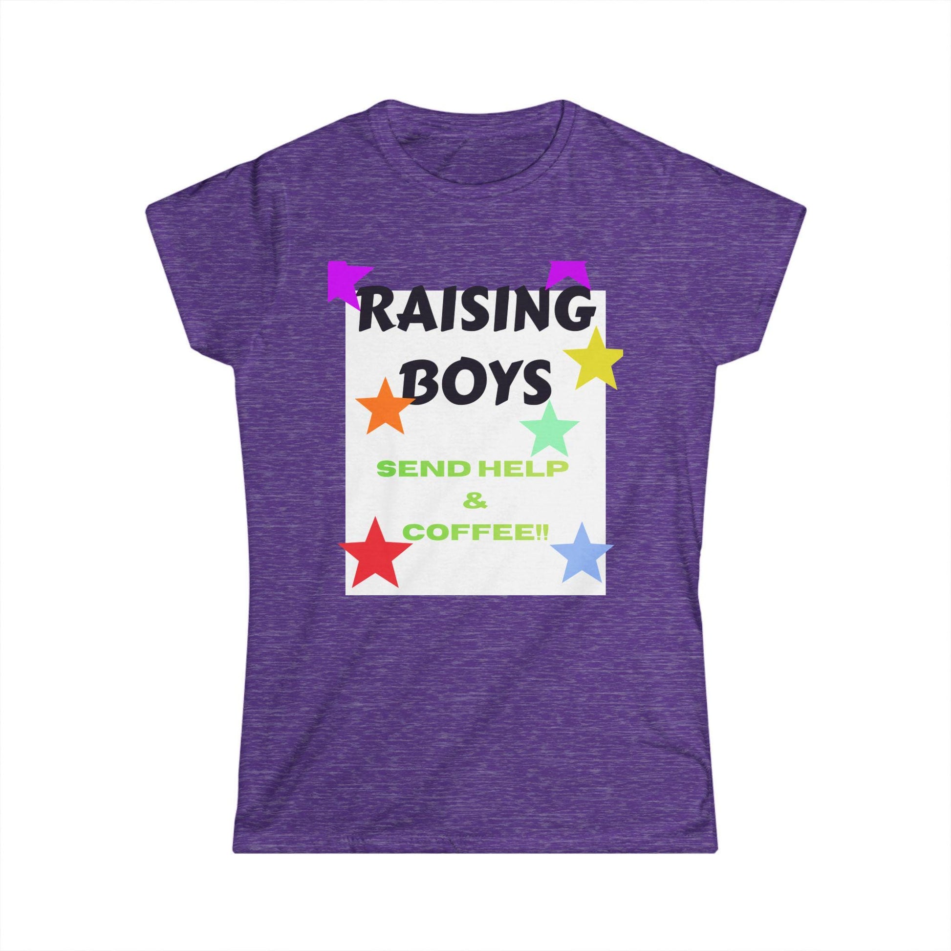 Purple heather crew-neck T-shirt with 'RAISING BOYS' coffee-themed graphic