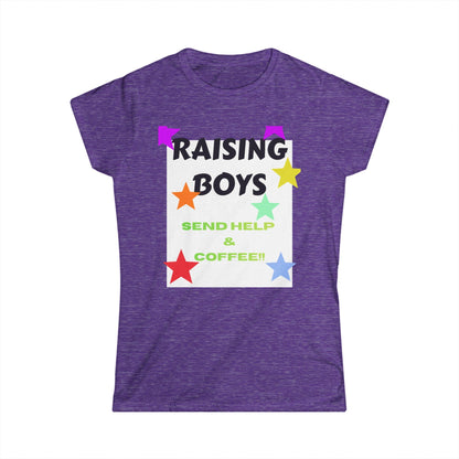 Purple heather crew-neck T-shirt with 'RAISING BOYS' coffee-themed graphic