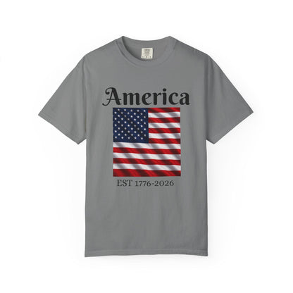 Medium gray T-shirt with America text and American flag graphic, EST 1776-2026