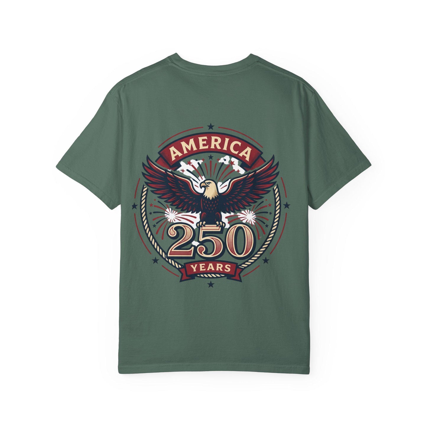 Dark green T-shirt with eagle emblem and “AMERICA 250 YEARS” graphic on the back
