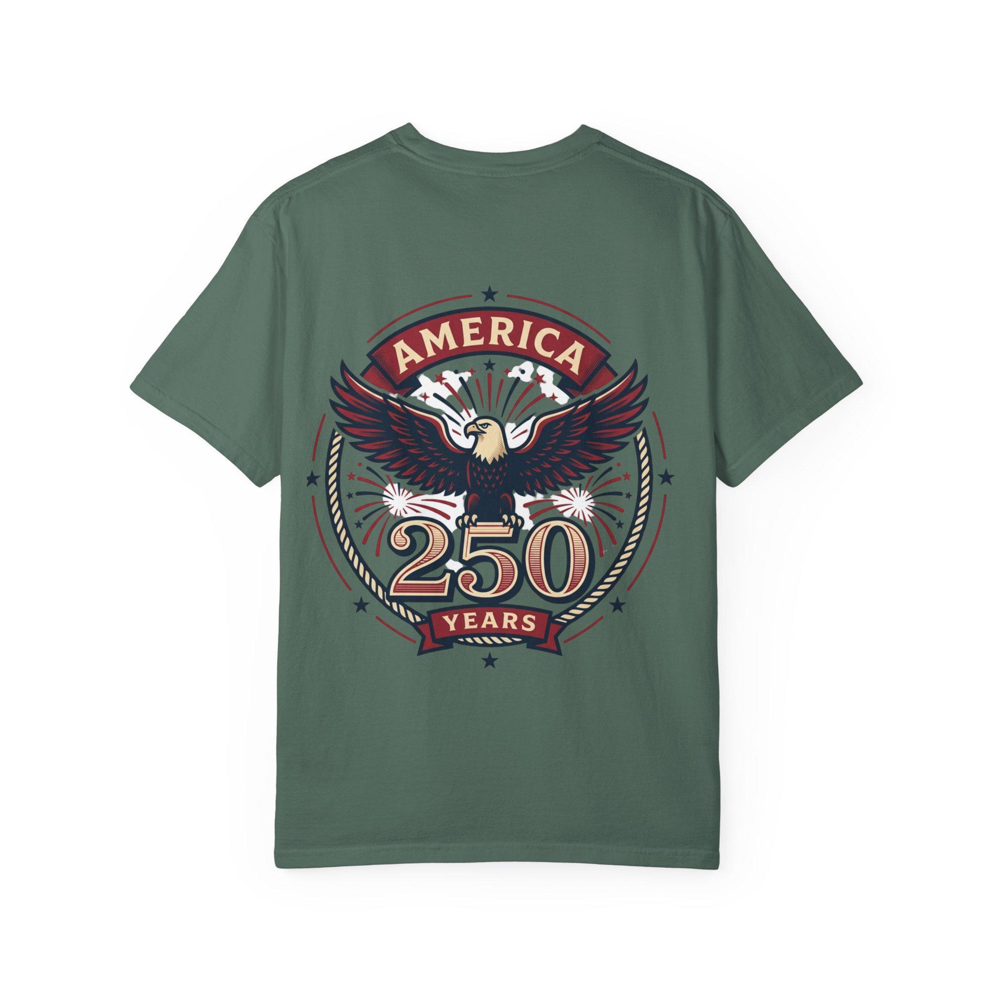 Dark green T-shirt with eagle emblem and “AMERICA 250 YEARS” graphic on the back