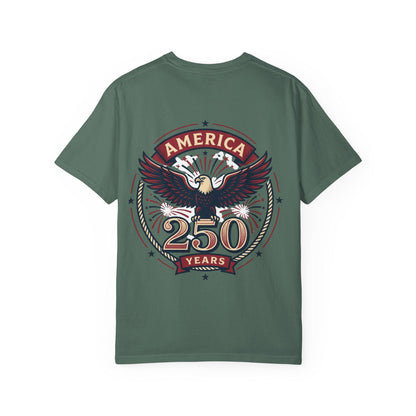 Dark green T-shirt with eagle emblem and “AMERICA 250 YEARS” graphic on the back