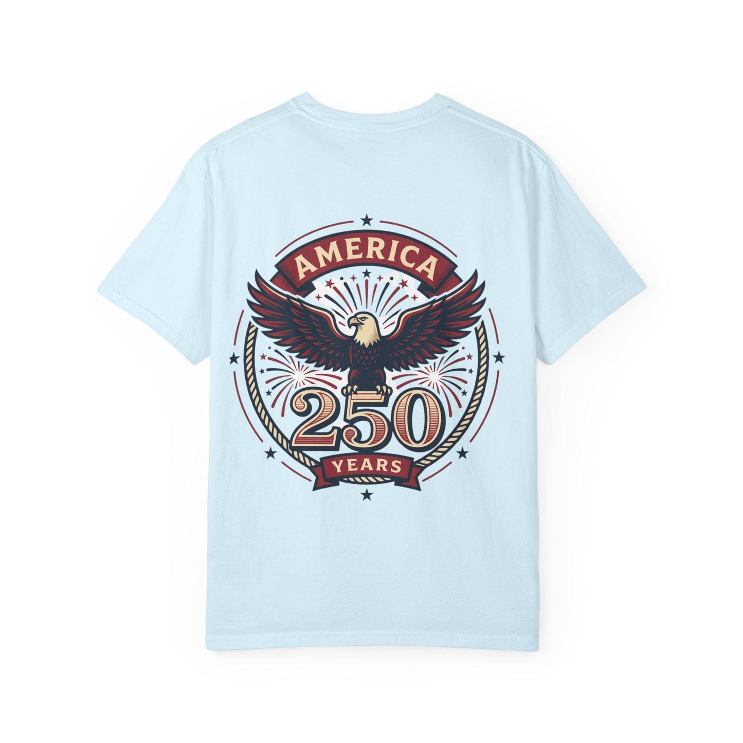 Light blue T-shirt with eagle emblem and “AMERICA 250 YEARS” graphic on the back