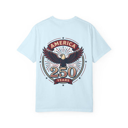 Light blue T-shirt with eagle emblem and “AMERICA 250 YEARS” graphic on the back