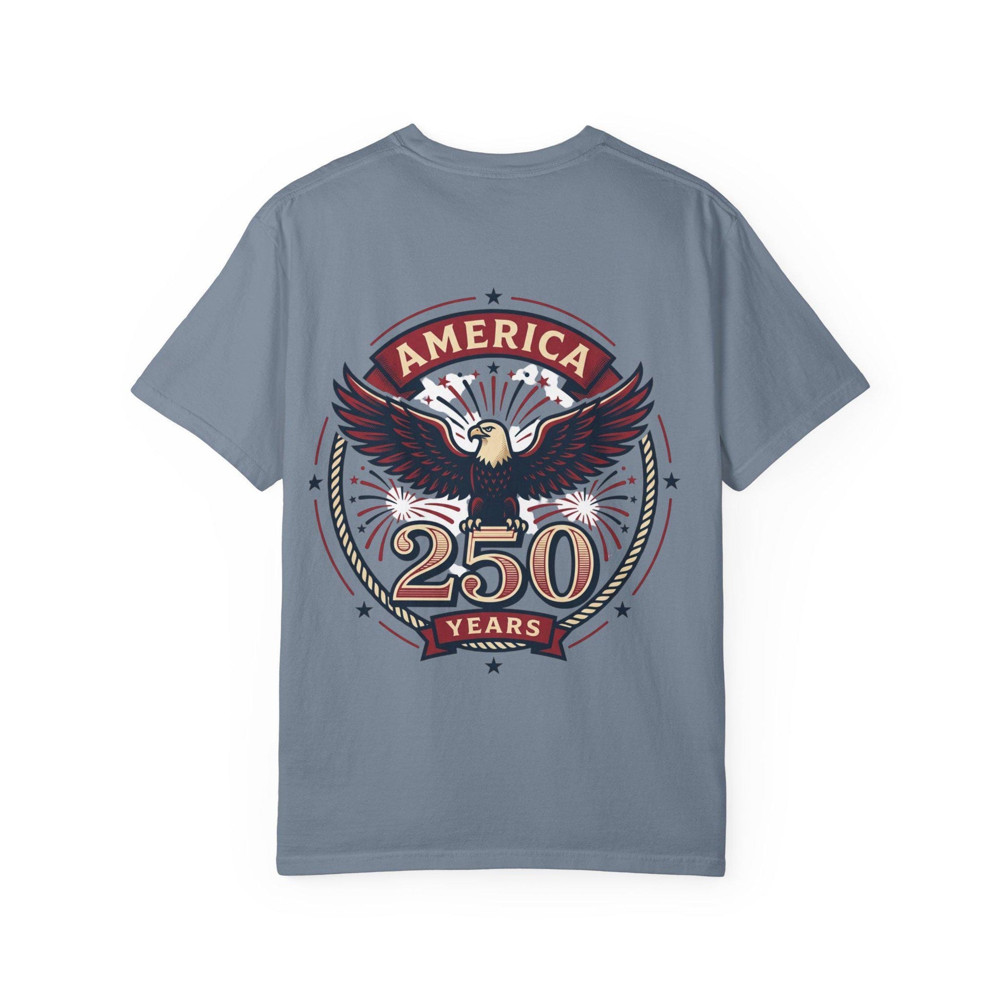 Slate gray T-shirt with eagle emblem and “AMERICA 250 YEARS” graphic on the back