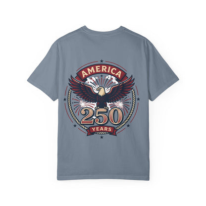 Slate gray T-shirt with eagle emblem and “AMERICA 250 YEARS” graphic on the back