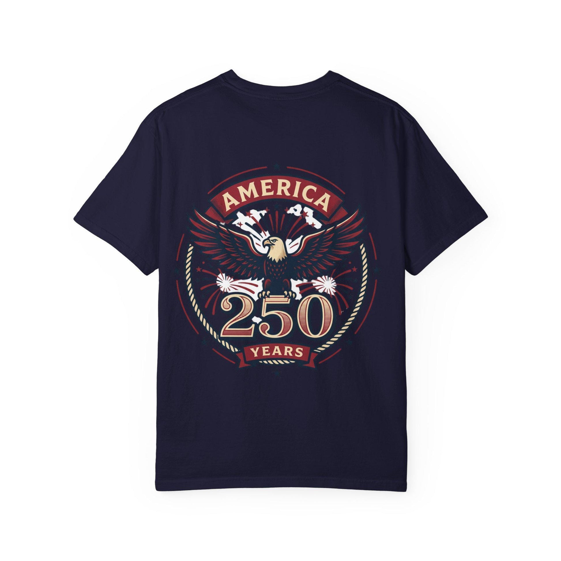 Navy T-shirt with eagle emblem and “AMERICA 250 YEARS” graphic on the back