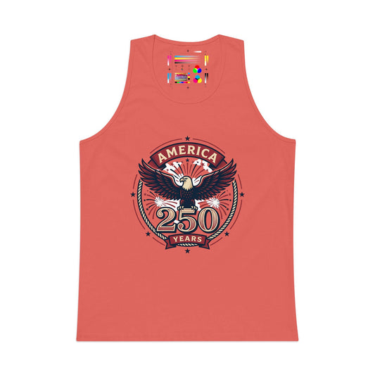 Men's coral tank top with America 250 emblem graphic