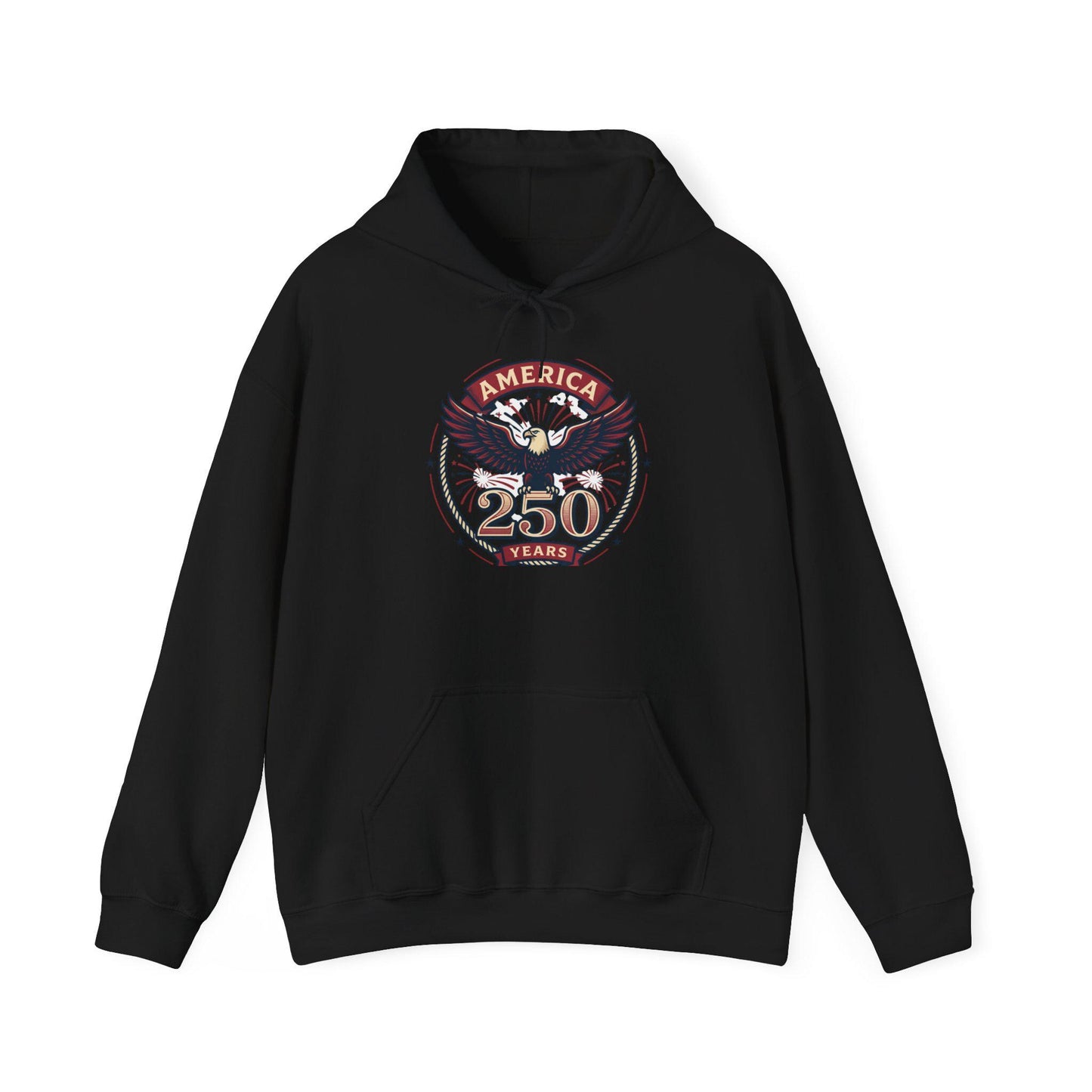 Black hoodie with front eagle “250 years” graphic, pullover hood and kangaroo pocket