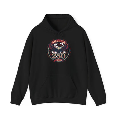 Black hoodie with front eagle “250 years” graphic, pullover hood and kangaroo pocket