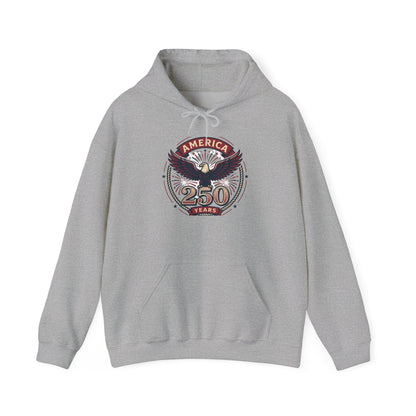 Light gray hoodie with front eagle “250 years” graphic, pullover hood and kangaroo pocket