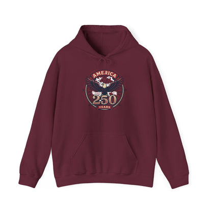 Maroon hoodie with front eagle “250 years” graphic, pullover hood and kangaroo pocket