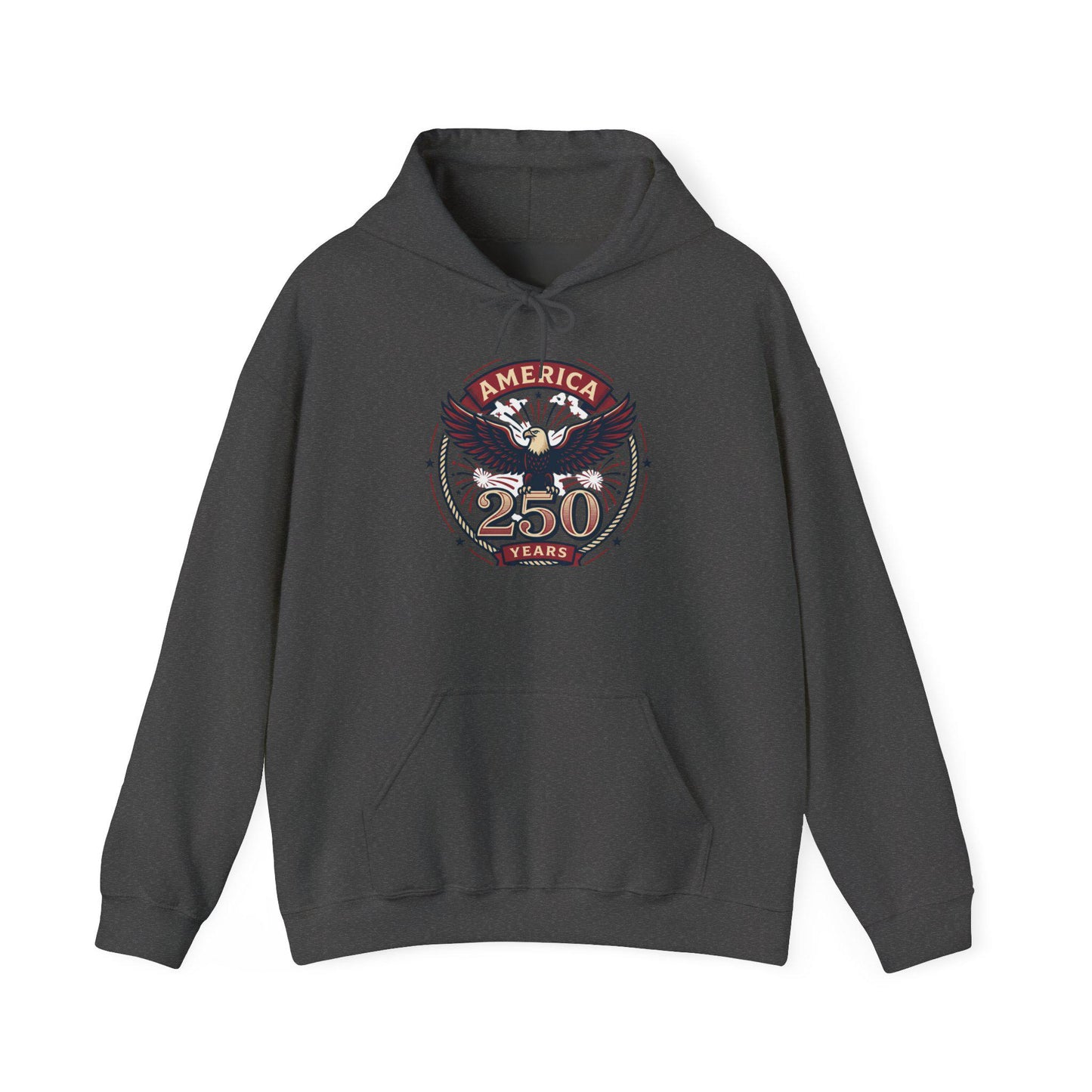 Medium gray hoodie with eagle 250 Years chest graphic and front pocket