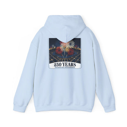 Light blue hoodie with back fireworks and 250 Years graphic