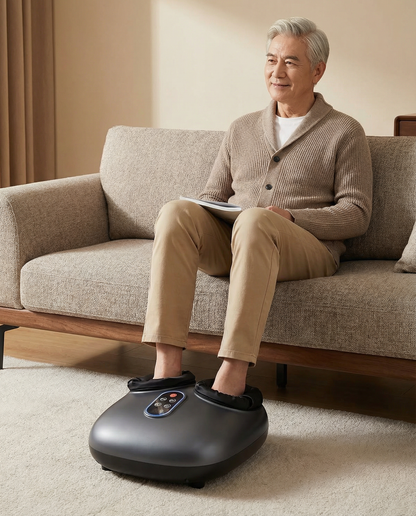 Black foot massager with two cushioned foot chambers and LED control buttons