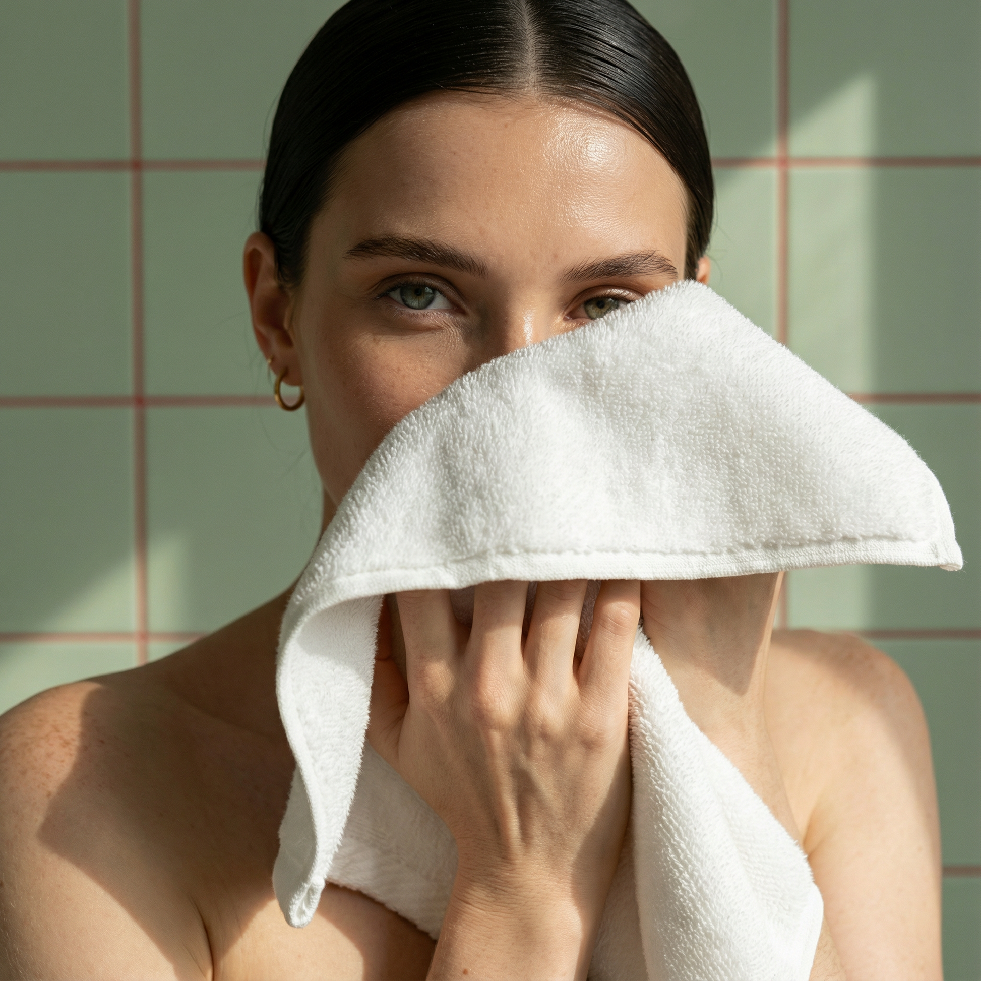 White cotton hand towel with plush terry texture, held to face