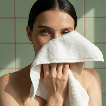 White cotton hand towel with plush terry texture, held to face