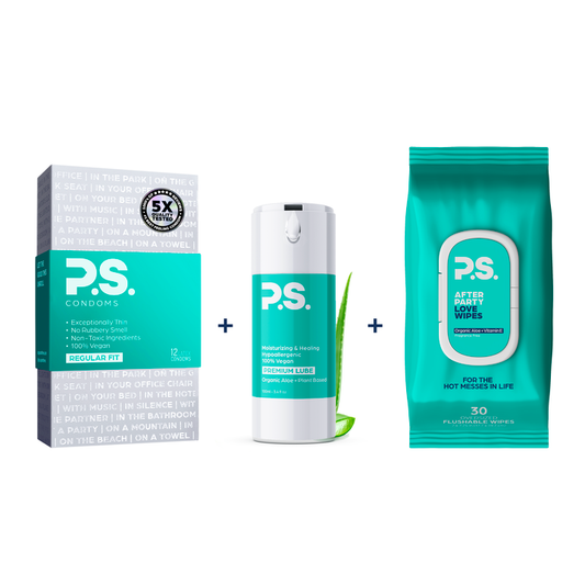 P.S. condoms, premium lube, and after-bath wipes set with aqua condoms
