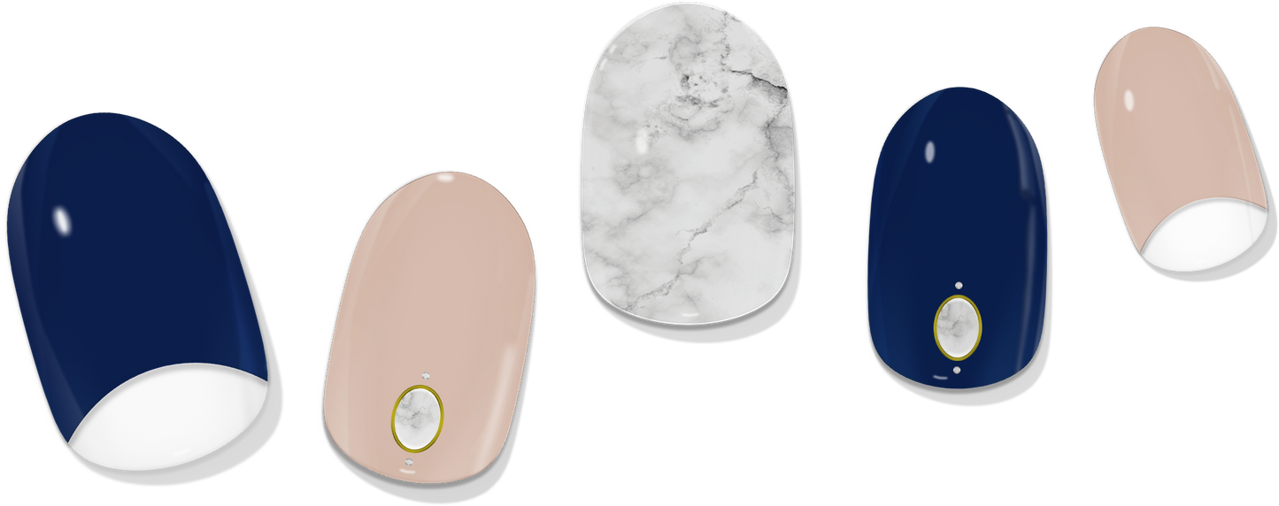 Set of gel nail wraps: reverse French navy tips with nude marble and gold accents