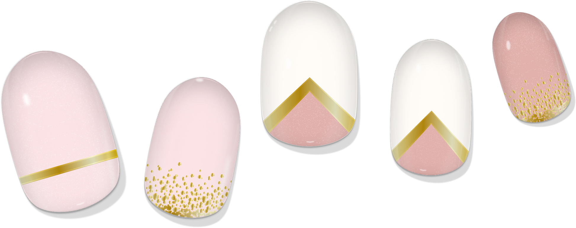 Gel nail wrap swatches in pink-to-white gradient with gold chevron and speckled glitter