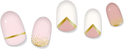 Gel nail wrap swatches in pink-to-white gradient with gold chevron and speckled glitter