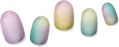 Set of five gel nails with iridescent purple, teal, and yellow ombré tips