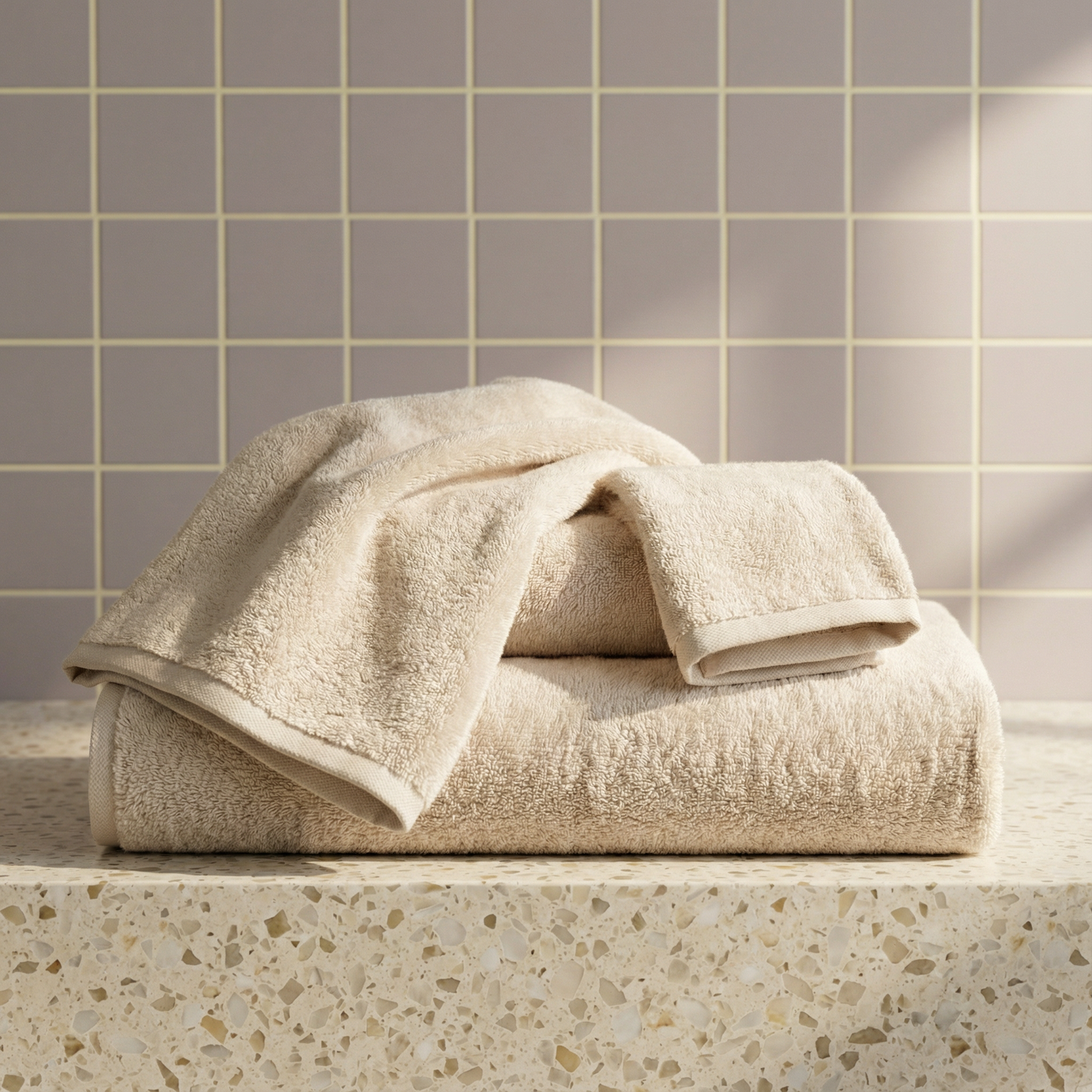 Cream cotton towels, plush terry, rolled and folded in a stack