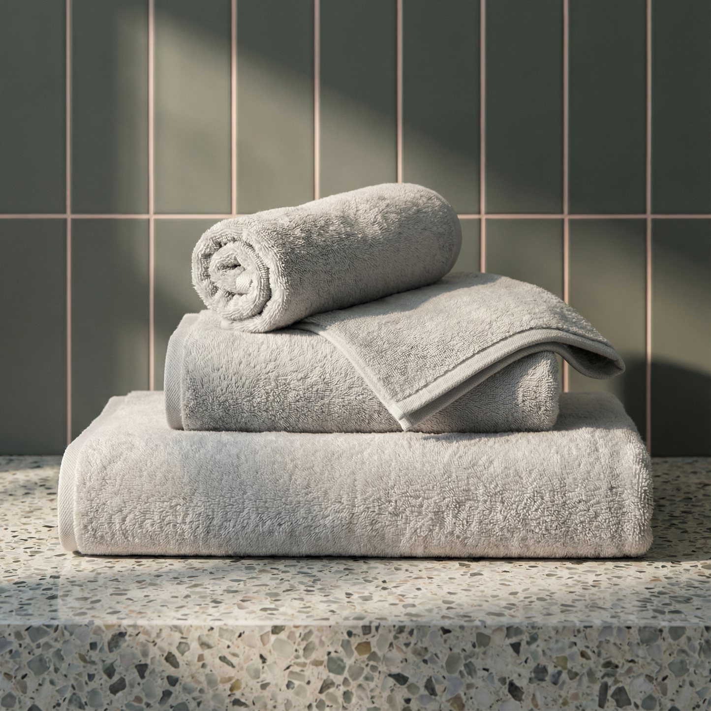 Plush cotton towels set, light gray, folded and rolled with towel stack