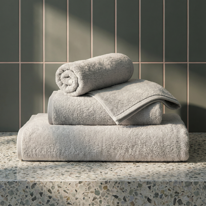 Plush cotton towels set, light gray, folded and rolled with towel stack