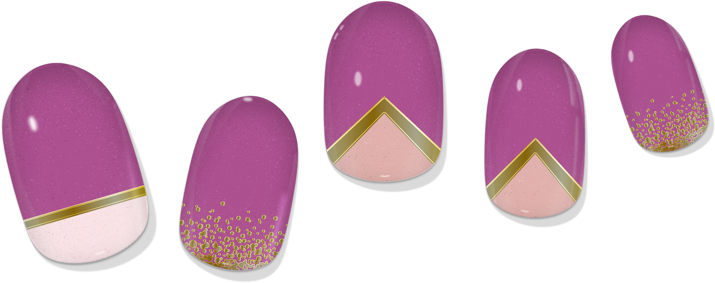 Gel nail wrap swatches in purple gradient with gold chevron and glitter accents