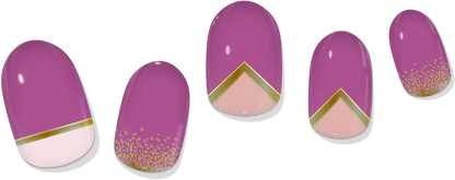 Gel nail wrap swatches in purple gradient with gold chevron and glitter accents