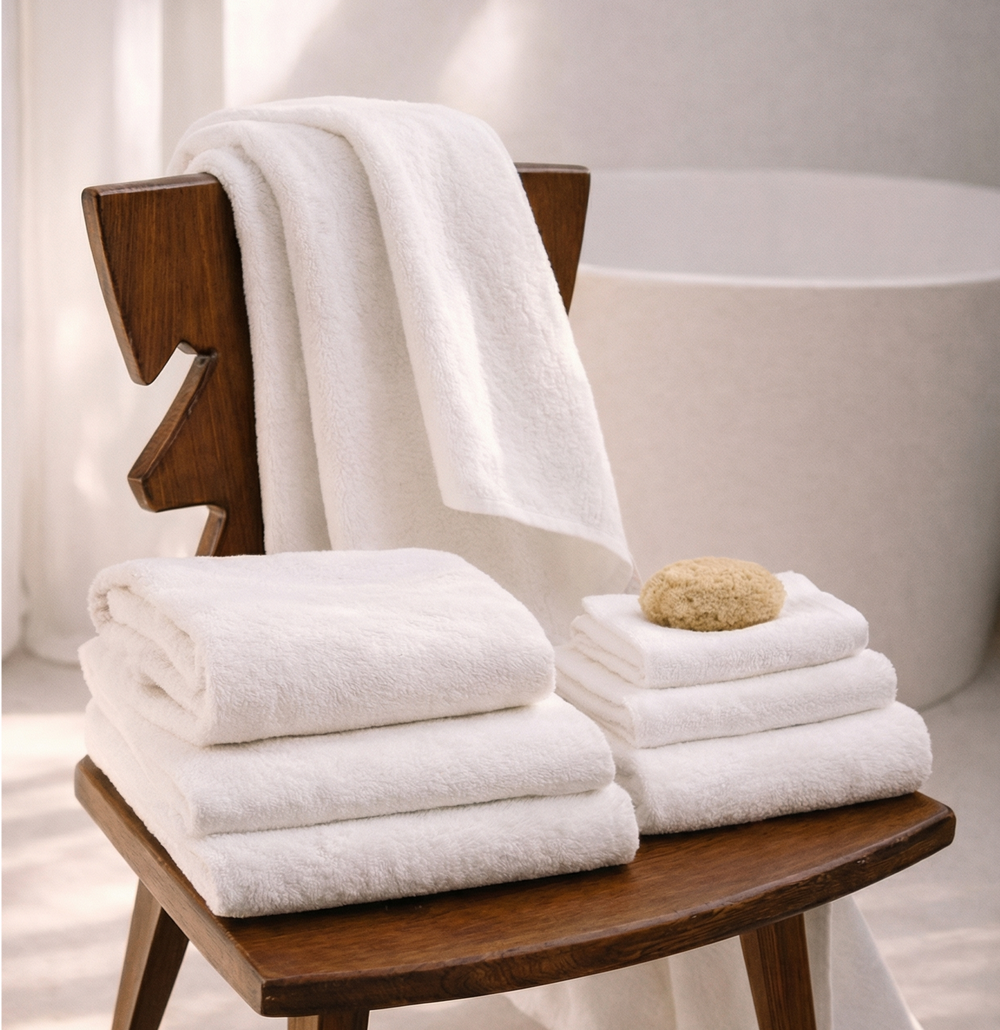 White cotton towels, plush terry, stacked on a bath rack
