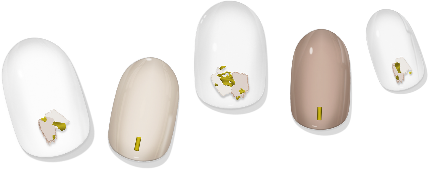 Milky beige abstract gel nail wraps set, five shown with neutral tones and gold details