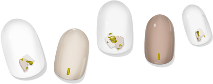 Milky beige abstract gel nail wraps set, five shown with neutral tones and gold details