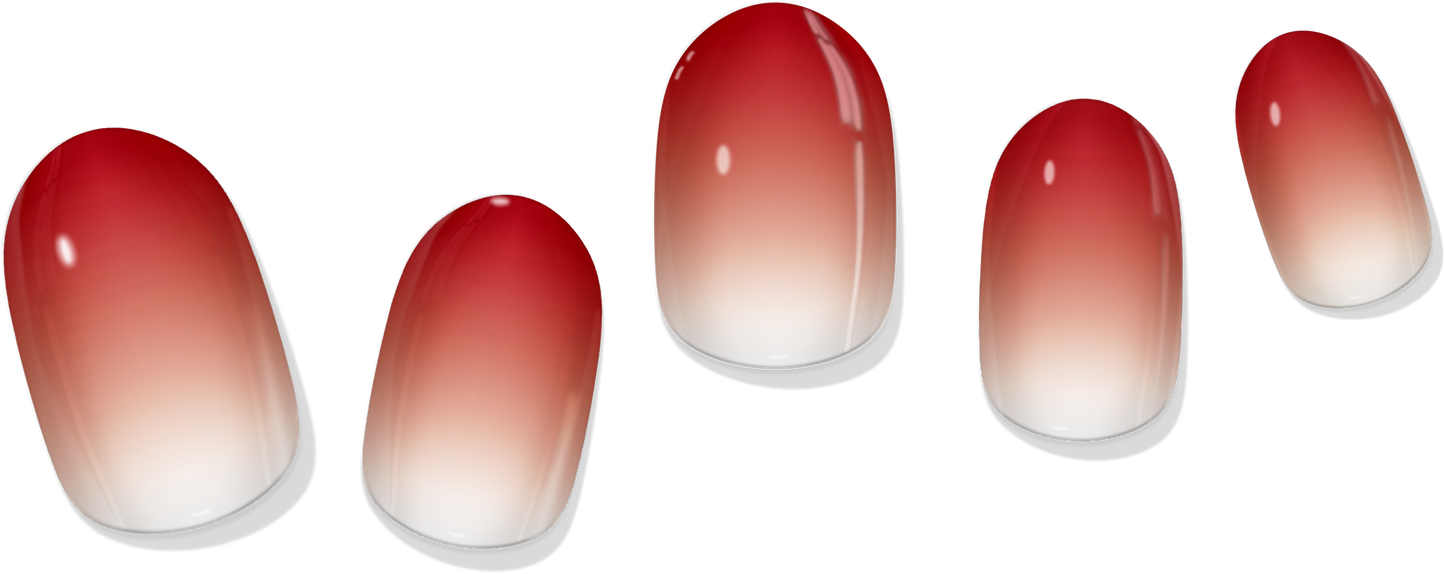 Set of apricot gradient gel nails with white tips and curved oval shape (5)