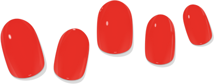 Red oval gel nail wraps on tips, five style swatches.